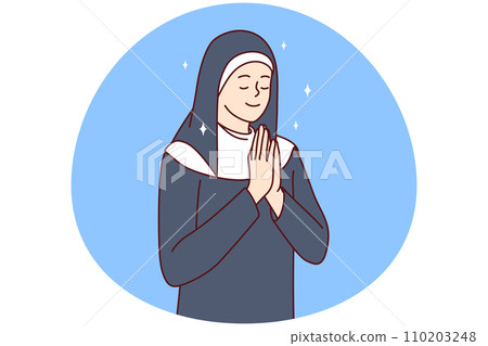 Positive woman in clothes of catholic nun closing eyes praying turning to God. Vector image 110203248