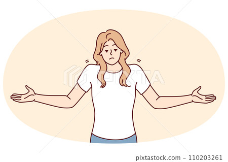 Unsure woman throws up hands demonstrating lack of correct answer to question asked. Vector image Unsure woman throws up hands demonstrating lack of correct answer to question asked. Vector image 110203261
