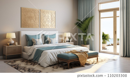 The gold and white bedroom with a bed and lamp, light blue and light indigo 110203308