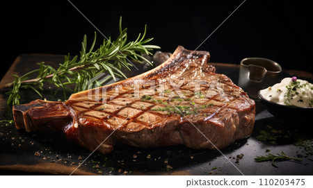 t-bone steak medium rare, garlic butter on top 110203475