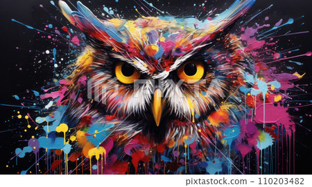 Wise owl with paint splash art - Stock Illustration