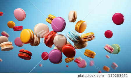Various colorful macarons float in the air on the isolated background Various colorful macarons float in the air on the isolated background 110203651
