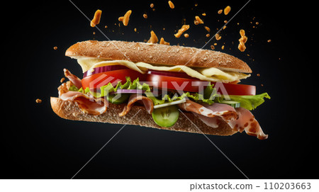 Sandwich flying through air 110203663