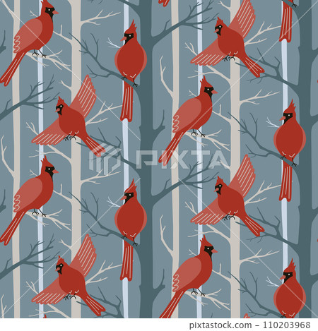 Red cardinal birds seamless pattern. Northern cardinal birds and trees silhouettes on blue background. Winter surface pattern design with flying forest birds for fabrics, wallpaper, wrapping design 110203968