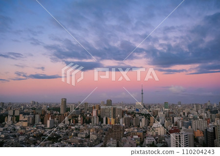 Cityscape at dusk seen from the Bunkyo Civic Center Observation Lounge in Tokyo, towards Tokyo Skytree 110204243
