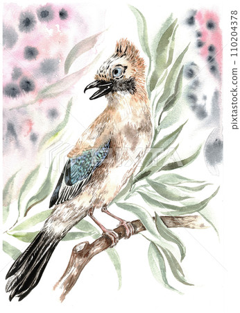 watercolor illustration with bird sitting on a tree twig 110204378