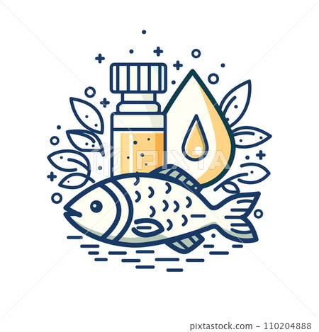 Fish oil drop. Vector drops and fish logo, treatment nutrition skin care, Omega 3. Fish oil drop. Vector drops and fish logo, treatment nutrition skin care, Omega 3. 110204888