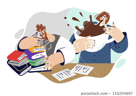 Office employees with large mug coffee to fight fatigue, located near table with business papers Office employees with large mug coffee to fight fatigue, located near table with business papers 110204897