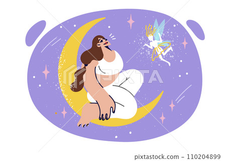 Dreaming woman sits on crescent moon in night sky and talks to fairy, seeing mesmerizing dream 110204899
