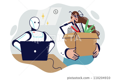 Fired woman became victim of digitalization, holds dismissal box standing near working robot Fired woman became victim of digitalization, holds dismissal box standing near working robot 110204910