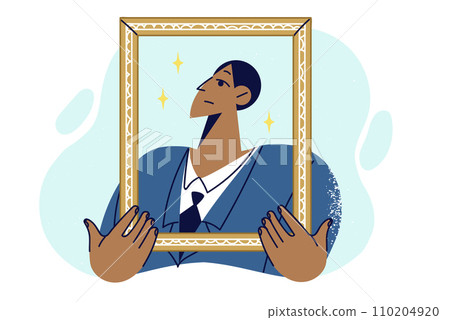 Proud man in business clothes holding golden portrait frame, for concept of narcissism 110204920