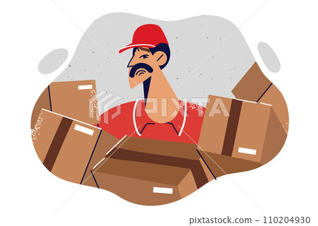 Man courier is confused due to overload and large number of parcels awaiting delivery Man courier is confused due to overload and large number of parcels awaiting delivery 110204930