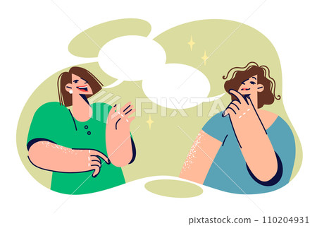 Women talking and sharing thoughts to exchange important information, stands near speech bubbles Women talking and sharing thoughts to exchange important information, stands near speech bubbles 110204931