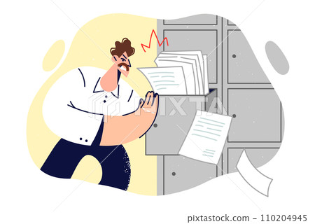 Business man angrily closes cabinet overflowing with paper, symbolizing paperwork overload Business man angrily closes cabinet overflowing with paper, symbolizing paperwork overload 110204945