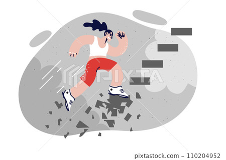 Woman overcomes difficult obstacle, runs along collapsing staircase, demonstrating ambition 110204952