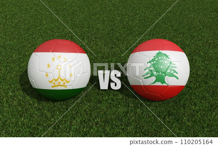 Footballs in flags colors on grass.  Tajikistan with Lebanon. 2023 asian cup tournament. 3d rendering 110205164