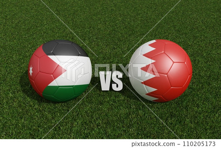 Footballs in flags colors on grass. Jordan with Bahrain . 2023 asian cup tournament. 3d rendering 110205173