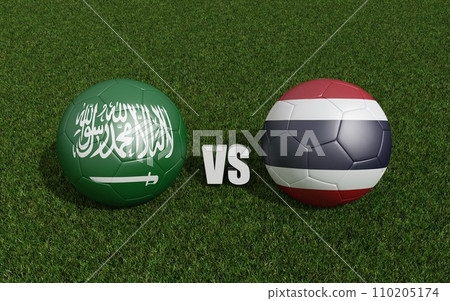 Footballs in flags colors on grass. Saudi arabia with Thailand. 2023 asian cup tournament. 3d rendering 110205174