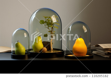 A group of clear glass cloches showcasing pears as interior decor. Three transparent domes covering fruit and a bonsai tree. AI-generated 110205182