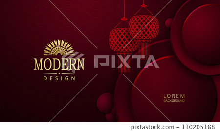 Chinese New Year, texture red illustration with round frame and red lanterns 110205188