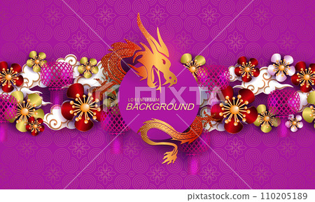 Chinese New Year. Flower garland with balloons and dragon on a purple background Chinese New Year. Flower garland with balloons and dragon on a purple background 110205189
