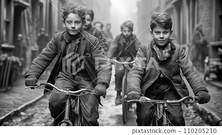 Old black and white photo of Old Amsterdam, boys riding bicycles down the street. Nostalgic scenes, industrial city scenes, working class scenes. 110205210