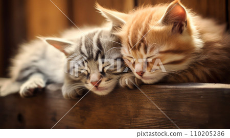 AI-generated content. Grey and red kittens sleep next to each other on a wooden step, outdoor in summer, close-up. 110205286