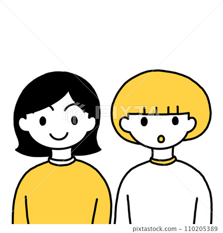 A person with black hair and a person with mushroom hair facing forward (upper body) A person with black hair and a person with mushroom hair facing forward (upper body) 110205389