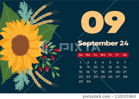 Floral September 2024 calendar template. With bright colorful flowers. Floral September 2024 calendar template. With bright colorful flowers. 110205968