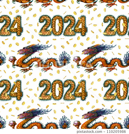 Watercolor seamless pattern with lunar new year symbol - green wooden dragon with magic pearl and numbers 2024 with dragon scale texture. Illustration elements isolated on white background 110205986