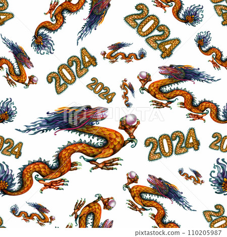Watercolor seamless pattern with lunar new year symbol - green wooden dragon with magic pearl and numbers 2024 with dragon scale texture. Illustration elements isolated on white background Watercolor seamless pattern with lunar new year symbol - green wooden dragon with magic pearl and numbers 2024 with dragon scale texture. Illustration elements isolated on white background 110205987