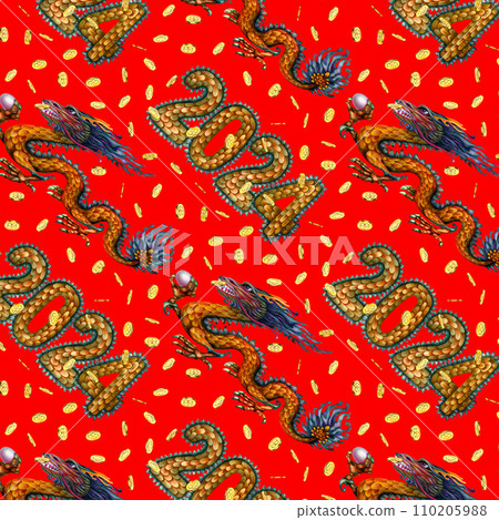 Watercolor seamless pattern with lunar new year symbol - green wooden dragon with magic pearl and numbers 2024 with dragon scale texture. Illustration elements isolated on white background 110205988