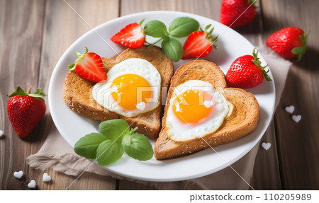 AI-generated content. Valentines day brunch or breakfast with toasts, eggs, berries and mint leaves AI-generated content. Valentines day brunch or breakfast with toasts, eggs, berries and mint leaves 110205989