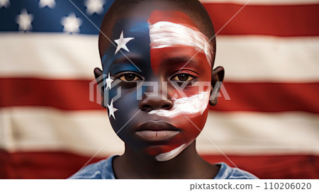 Afro is a dark-skinned, serious, responsible boy with his face painted in the color of the flag of the United States of America. 110206020