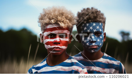 Two African-American dark-skinned guys with their faces painted in the color of the flag of the United States of America. 110206021