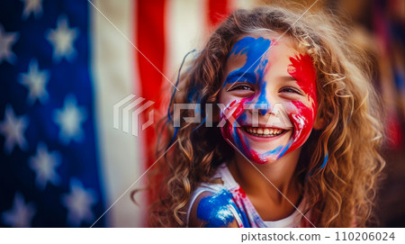 A cute child with the colors of the flag of the United States of America painted on his face. A cute child with the colors of the flag of the United States of America painted on his face. 110206024