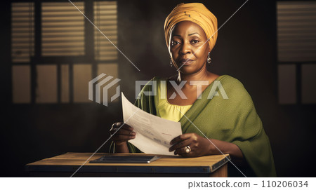 afro woman casting a ballot into a ballot box in an election 110206034