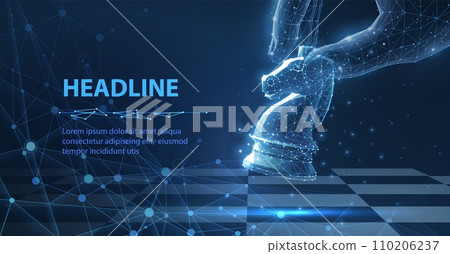 Chess knight. Digital hand with knight on digital background. Business strategy Chess knight. Digital hand with knight on digital background. Business strategy 110206237