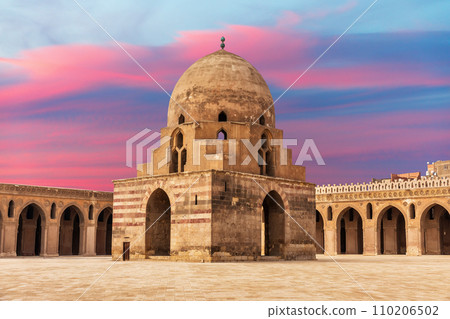 Ablution fountain in Ibn Tulun Mosque, popular place of visit of Cairo, wonderful sunset view, Egypt 110206502