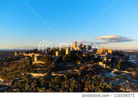 Aerial view of a scenic sunset at medieval village of Trujillo in Extremadura, Spain. High quality Aerial view of a scenic sunset at medieval village of Trujillo in Extremadura, Spain. High quality 110206571
