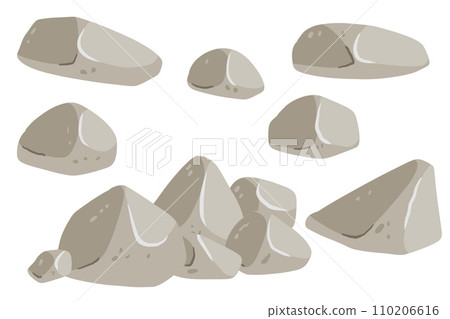 Set of stones. Beige cobblestone. Element of nature and mountains. Items for decoration and background. Flat cartoon. Boulder cobble debris. Block granite material. 110206616