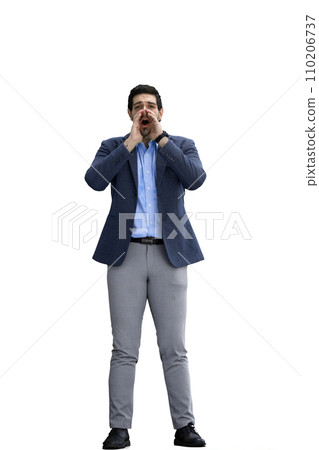 A man in a jacket on a White background is calling 110206737