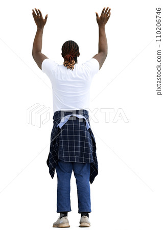 A man with a shirt tied at his waist on a White background waves his hands. Back view 110206746