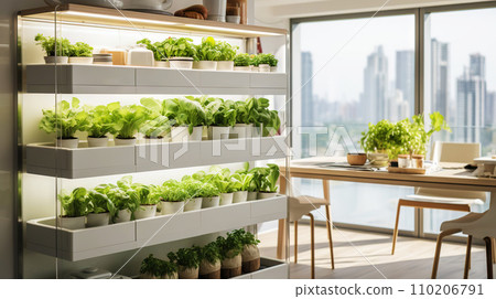 AI-generated content. Minimalist vegetable farm, easily integrated into a modern apartment with neutral colors and clean lines. Generative AI 110206791