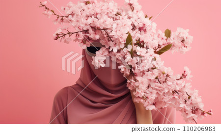 Muslim woman with head covered with spring flowers on pink background. 110206983