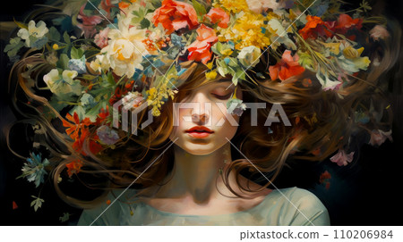 A woman with her head covered with spring flowers. 110206984