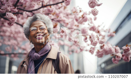 Modern happy elderly smiling dark-skinned African woman against the backdrop of pink Modern happy elderly smiling dark-skinned African woman against the backdrop of pink 110207007