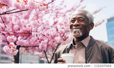 Modern happy elderly smiling dark-skinned African man with a cup of coffee against the backdrop Modern happy elderly smiling dark-skinned African man with a cup of coffee against the backdrop 110207008