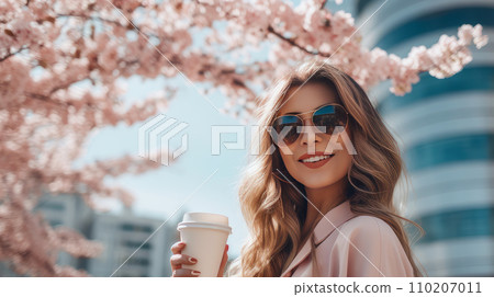 Modern happy young smiling girl with a cup of coffee against the background of blooming pink cherry  110207011