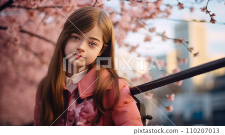 Modern happy young smiling girl girl with Down syndrome against the background of blooming Modern happy young smiling girl girl with Down syndrome against the background of blooming 110207013